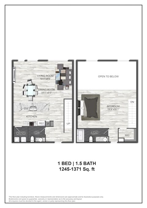Floor plan for 1 bed, 1.5 baths, 1371 sqft